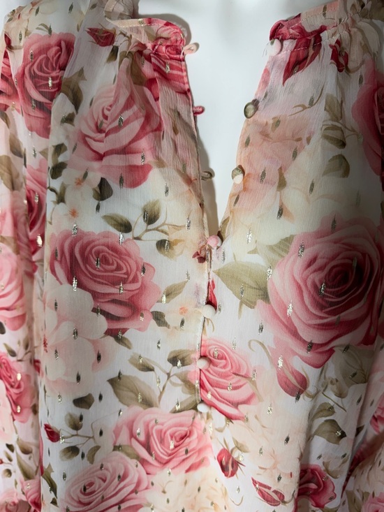 Sheer Rose-Print Blouse in Pink and Cream - Women's Floral Top - Picture 2 of 8